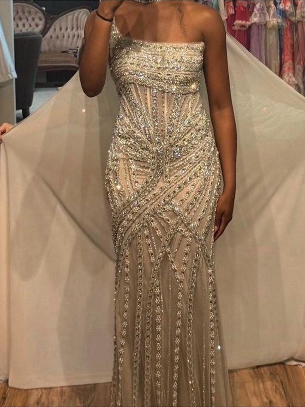 Strapless Beaded Evening Gown in Champagne